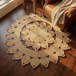 Tappeto rotondo in iuta su misura, tappeto mandala boho sunburst, tappeto circolare in fibra naturale, arredamento rustico in stile fattoria, accento intrecciato colorato