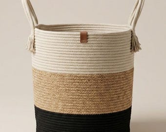 Woven Jute Cotton Rope Laundry Basket, Storage Basket, Neutral Boho Laundry Hamper, Toy Organizer Bin