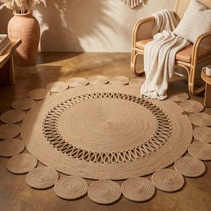 Tappeto rotondo in juta naturale – Kilim turco intrecciato a mano, tappetino rustico boho per il pavimento