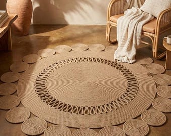Natural Jute Round Rug – Hand Braided Turkish Kilim, Boho Rustic Floor Mat