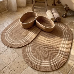 Badrumsmatta och korgset i naturlig jute, oval badrumsmatta i bohemisk stil 40x60 60 x 100 cm, vävd förvaringsorganisatör, lantlig spa-inredning, toalettmatta