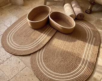 Natürlicher Jute-Badezimmerteppich und Korb-Set, Boho Oval Badematte 40x60 60 x 100 cm, gewebter Aufbewahrungsorganisator, Bauernhaus-Spa-Dekor, Toilettenmatte