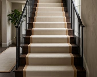 Tapis d'escalier en sisal personnalisé, Tapis d'escalier de luxe, Tapis d'escalier acceptant les animaux de compagnie, Tapis d'escalier moderne, Tapis d'escalier en sisal sur mesure