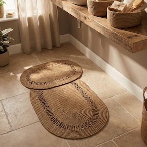 Natürliche Jute Oval Badezimmer Teppiche und Korb Set, Boho Bauernhaus Spa Dekor