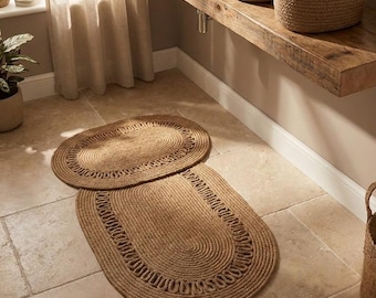 Natürlicher Jute-Badezimmerteppich und Korb-Set, Boho Oval Badematte 40x60 60 x 100 cm, gewebter Aufbewahrungsorganisator, Bauernhaus-Spa-Dekor