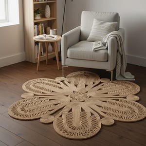 Tappeto in juta fatto a mano, tappeto in fibra naturale con motivo floreale in stile boho, ideale per il soggiorno e adatto agli animali domestici.