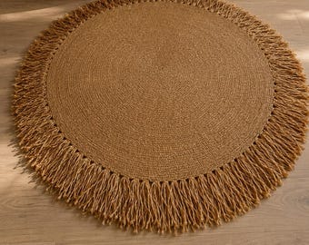 Custom Handwoven Jute Round Rug with Fringe, Soft Boho Area Rug