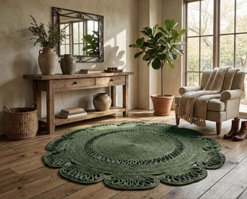 May include: A green, round jute rug with a floral design sits on a wooden floor. The rug is the focal point of a room with a wooden console table, a mirror, and a potted plant. A woven basket and a beige armchair are also visible.