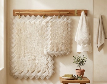 Boho Lace Trim Bath Mat & Towel Set, Cream Tufted Bathroom Rug, Lace Edge Towels