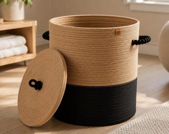 Large Handwoven Jute Black Laundry Basket with Lid, Natural Boho Storage Hamper