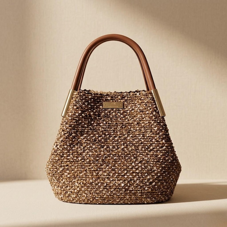 Puede incluir: Un bolso tote tejido con un asa de cuero marr&oacute;n y detalles met&aacute;licos dorados. El bolso tiene un aspecto texturizado y moteado en tonos marrones y beige. Una peque&ntilde;a placa met&aacute;lica rectangular dorada est&aacute; centrada en la parte delantera.