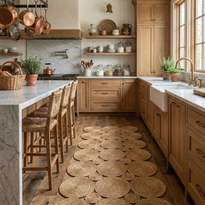 May include: A well-lit kitchen with light wood cabinets, marble countertops, and a woven rug made of circular mats. Copper pots hang above the stove. Woven bar stools sit at the kitchen island. The kitchen has a farmhouse style.