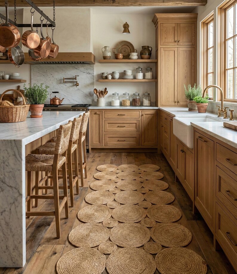 May include: A well-lit kitchen with light wood cabinets, marble countertops, and a woven rug made of circular mats. Copper pots hang above the stove. Woven bar stools sit at the kitchen island. The kitchen has a farmhouse style.