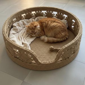 May include: A round, woven cat bed with a decorative floral pattern around the rim. The bed is made of natural-colored rope and contains a cream-colored blanket. An orange cat is curled up asleep inside the bed.