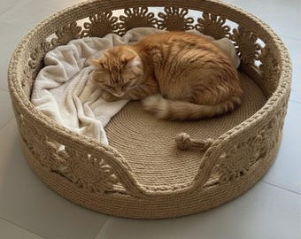 Handmade Jute Macrame Pet Bed, Boho Cat Dog Basket, Flower Pattern Wicker Furniture