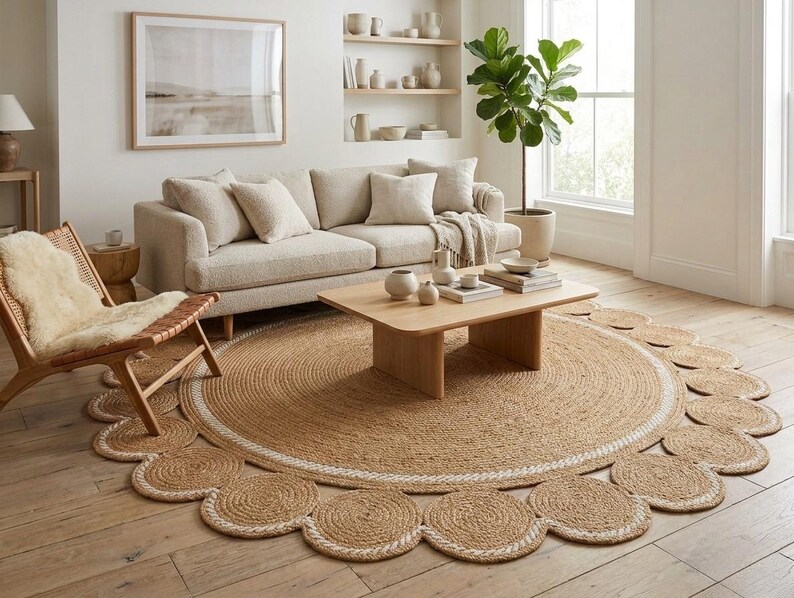 Pu&ograve; includere: Un tappeto rotondo in juta con bordo smerlato e bordo bianco. Il tappeto si trova in un soggiorno con un divano beige, un tavolino in legno e una sedia in legno con un rivestimento in pelle di pecora.