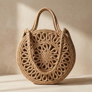 May include: A round, beige-coloured tote bag with a woven rope design. The bag features a central floral pattern and two handles. The bag is approximately 30 cm in diameter.