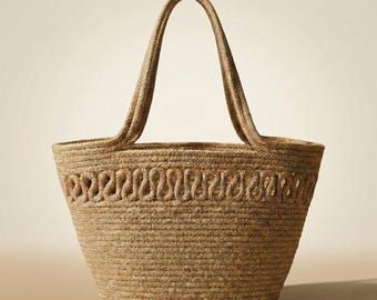 Boho Jute Tote Bag, Two-Tone Woven Straw Market Purse, Eco-Friendly Shopper