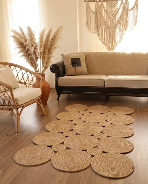Custom Size Jute Runner Rug | Stain Resistant Pebble Design Hallway & Kitchen Runner | Boho Natural Fiber Easy Clean Rug | Rustic Decor