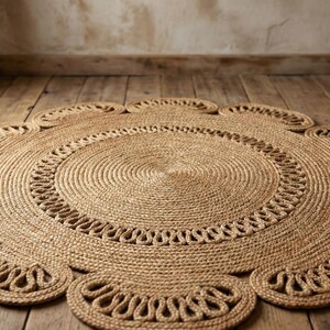 Handwoven Round Jute Rug, Scalloped Boho Floor Mat image 2