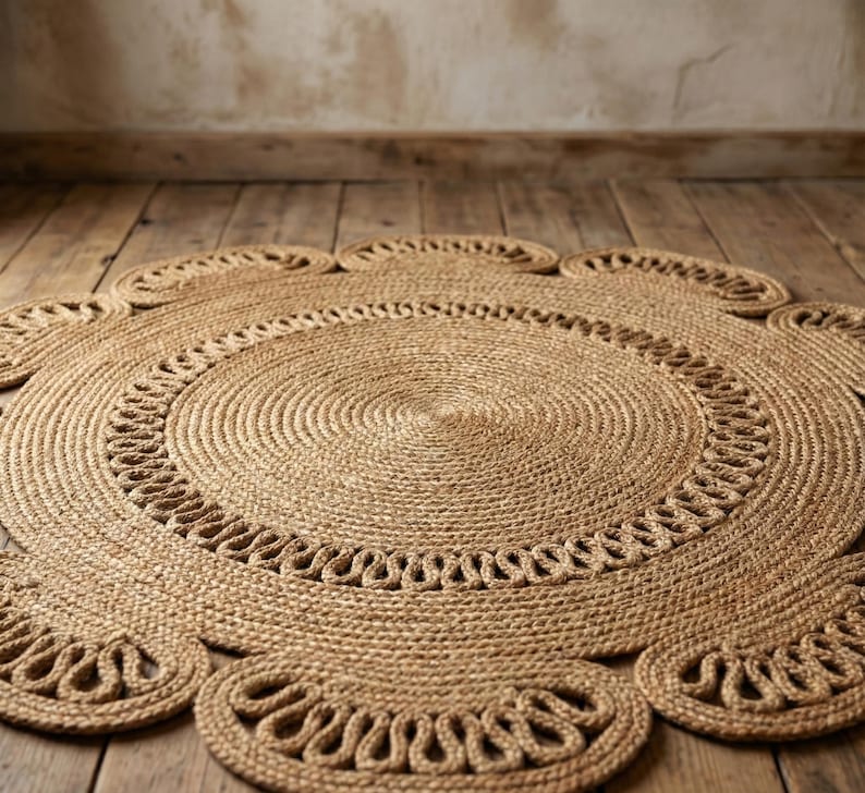 Handwoven Round Jute Rug, Scalloped Boho Floor Mat image 2