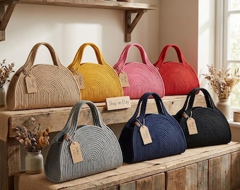 Handmade Jute Rope Bag, Boho Rainbow Coiled Tote, Eco-Friendly Crochet Purse