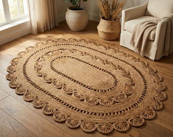 Scalloped Jute Rug, Oval Braided Rug, Custom Size Scallop Edge, Pet Friendly, Natural Boho Rug, Handwoven Rug, Easy Clean Living Room Decor