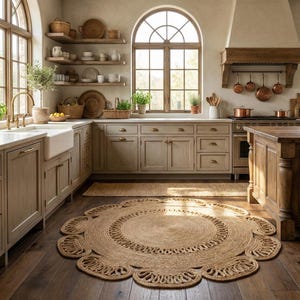 May include: A well-lit kitchen with wooden cabinets, shelves, and a large jute rug. Copper pots hang above the stove. Windows with arched tops let in natural light. The kitchen has a farmhouse style.