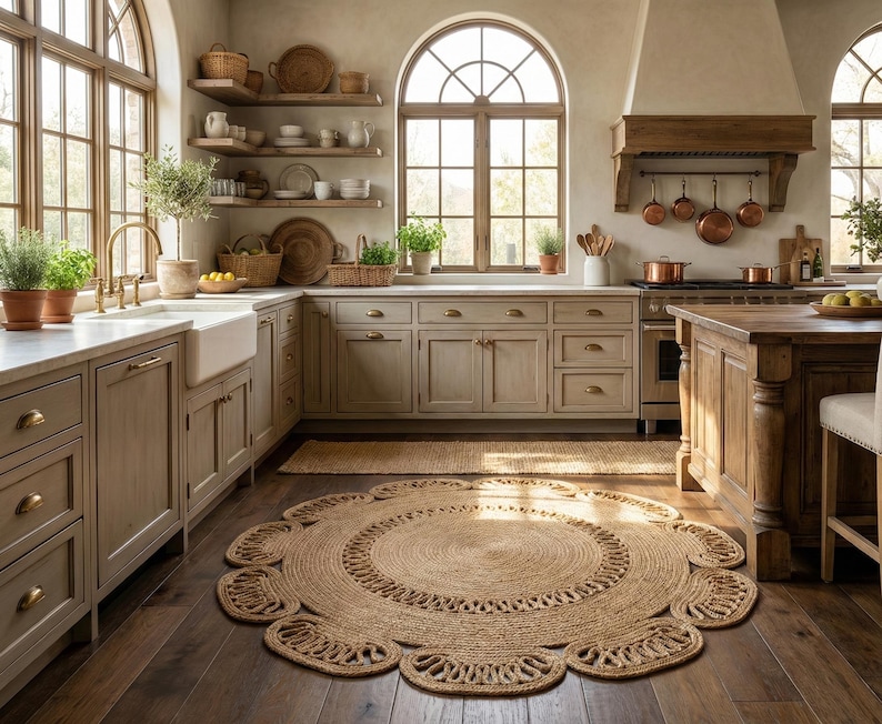 May include: A well-lit kitchen with wooden cabinets, shelves, and a large jute rug. Copper pots hang above the stove. Windows with arched tops let in natural light. The kitchen has a farmhouse style.