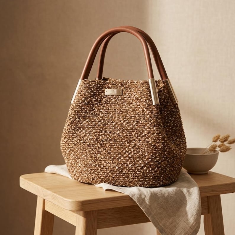 Bolso tote tejido a mano, hilo bouclé marrón, asas de cuero color coñac, bolso de mercado estilo boho. imagen 1