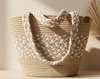 Handmade Jute Rope Tote Bag, Boho Two-Tone Coiled Basket, Braided Handles