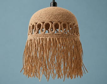 Handwoven Jute Pendant Light, Boho Fringe Ceiling Lamp for Coastal Nursery Decor