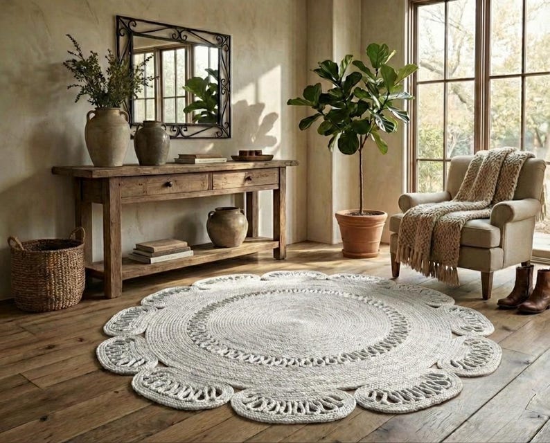 May include: A neutral-toned living room with a large, round, white jute rug with a floral design. The room features a wooden console table, a mirror, a potted plant, and an armchair with a fringed throw blanket. The floor is made of wooden planks.