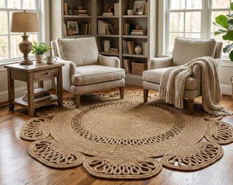 Handwoven Round Jute Rug, Scalloped Boho Floor Mat