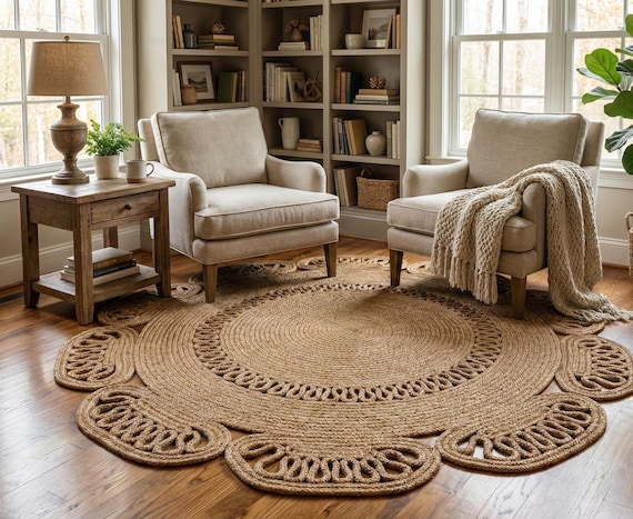 Handwoven Round Jute Rug, Scalloped Boho Floor Mat