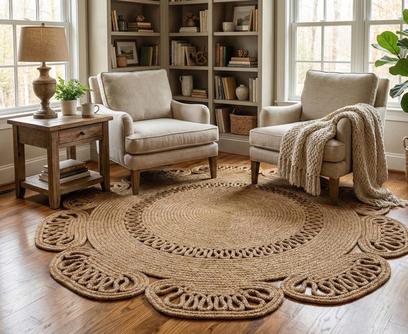 Handwoven Round Jute Rug, Scalloped Boho Floor Mat image 1