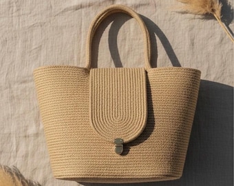 Handmade Straw Tote Bag, Minimalist Beige Summer Shoulder, Woven Beach Bag