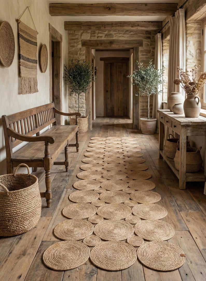 May include: A rustic hallway featuring a long, circular jute rug. The rug is made of natural fibers and complements the wooden bench, baskets, and distressed wooden console table. The walls are stone and the floors are wood.