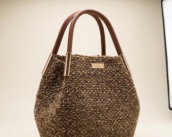 Handwoven Speckled Jute Cotton Tote Bag | Gold Hardware Leather Handles Boho Chic