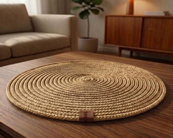 Round Jute Cotton Placemat, Braided Farmhouse Table Decor, Boho Dining Mat (Custom Size)