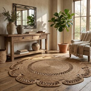 May include: A round, natural fiber rug with a scalloped edge and intricate woven details. The rug is placed on a hardwood floor in a room with a wooden console table, a mirror, and a potted plant. The room has a neutral color palette.