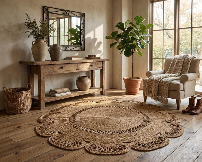 May include: A round, natural fiber rug with a scalloped edge and intricate woven details. The rug is placed on a hardwood floor in a room with a wooden console table, a mirror, and a potted plant. The room has a neutral color palette.