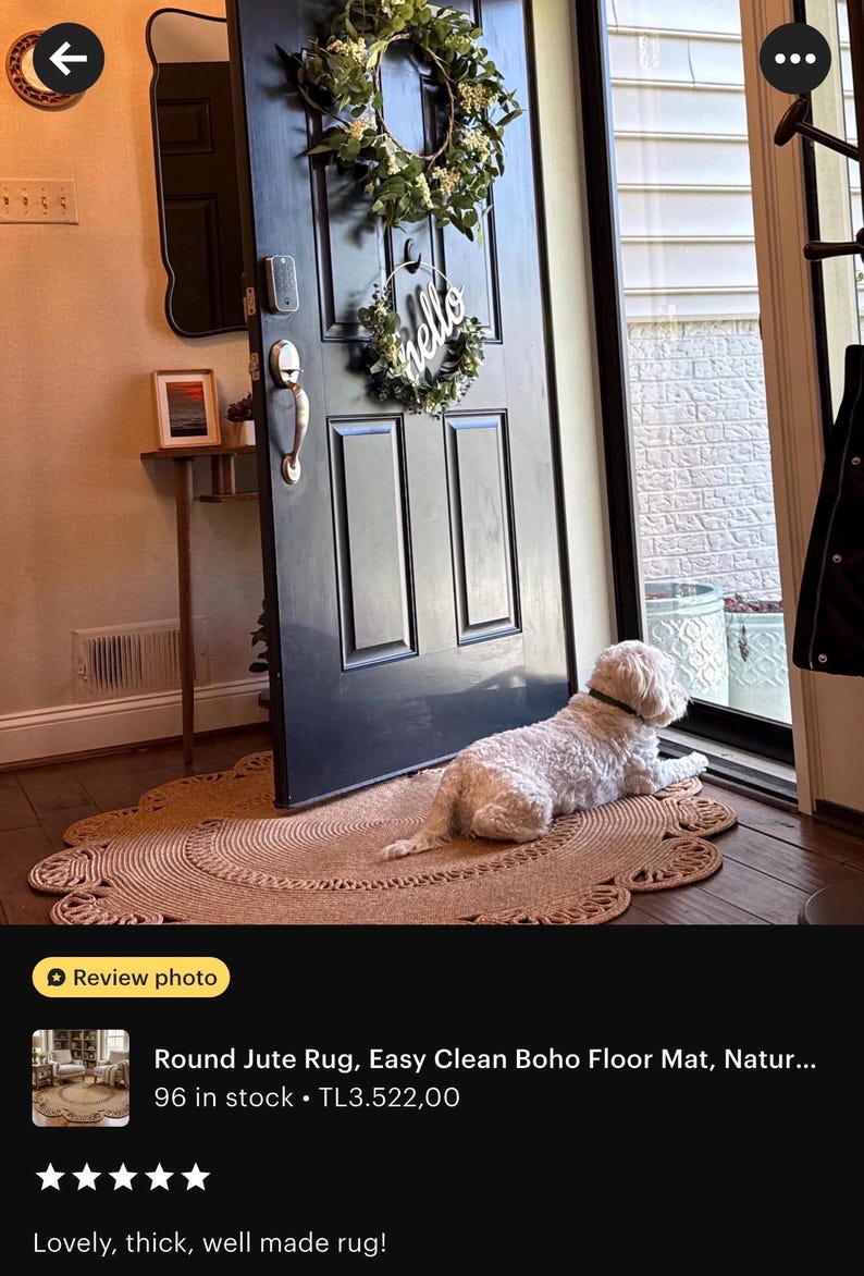 May include: A round jute rug with a scalloped edge lies on a wooden floor. A white dog rests on the rug near a black door adorned with a wreath and a "hello" sign. The rug is a natural beige color.