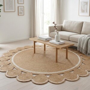 Pu&ograve; includere: Un tappeto rotondo in juta con bordo smerlato. Il tappeto &egrave; di colore beige naturale con un bordo bianco e accenti circolari sul perimetro. Il tappeto &egrave; in un ambiente soggiorno.