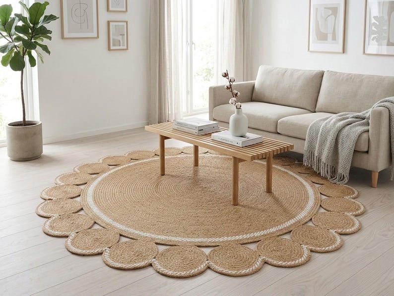 Pu&ograve; includere: Un tappeto rotondo in juta con bordo smerlato. Il tappeto &egrave; di colore beige naturale con un bordo bianco e accenti circolari sul perimetro. Il tappeto &egrave; in un ambiente soggiorno.