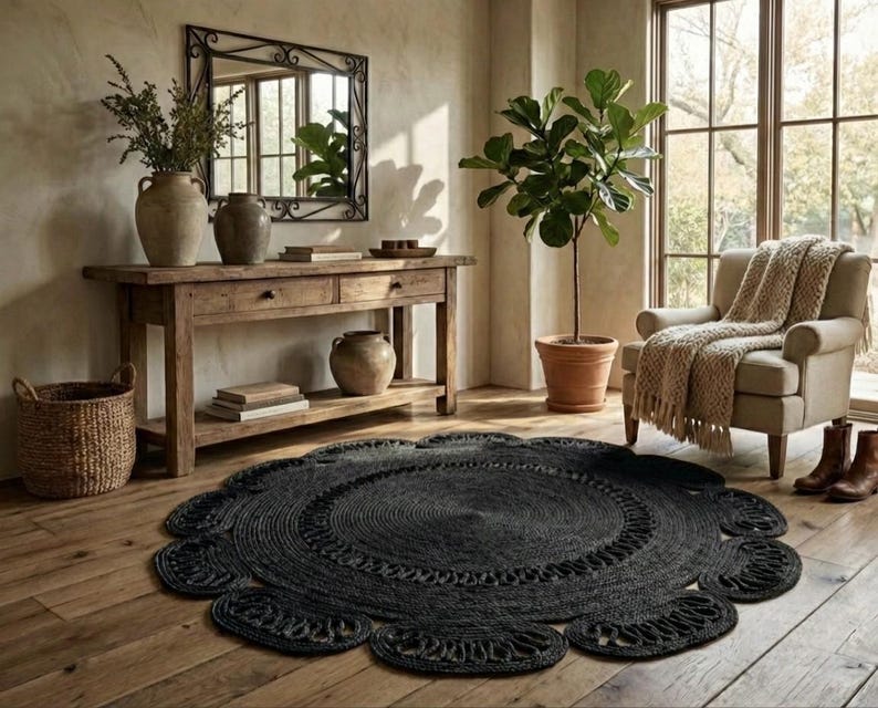 May include: A black, round jute rug with a floral-inspired design. The rug is placed on a wooden floor in a room with a wooden console table, a mirror, and a potted plant. The rug's diameter is approximately 72 inches.