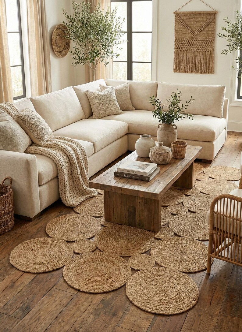 May include: A living room scene featuring a large, cream-colored sectional sofa, a wooden coffee table, and a collection of round, woven jute rugs. Decorative vases and a woven wall hanging add to the room's neutral, natural aesthetic.