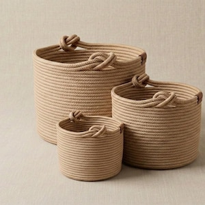 Handwoven Cotton Jute Rope Baskets, Boho Nursery Toy Bin, Washable Organizer Set