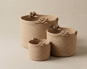 Handwoven Cotton Jute Rope Baskets, Boho Nursery Toy Bin, Washable Organizer Set