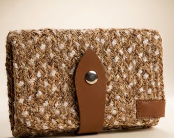 Portefeuille en jute fait main, porte-cartes en cuir, cadeau portefeuille bohème minimaliste pour femme
